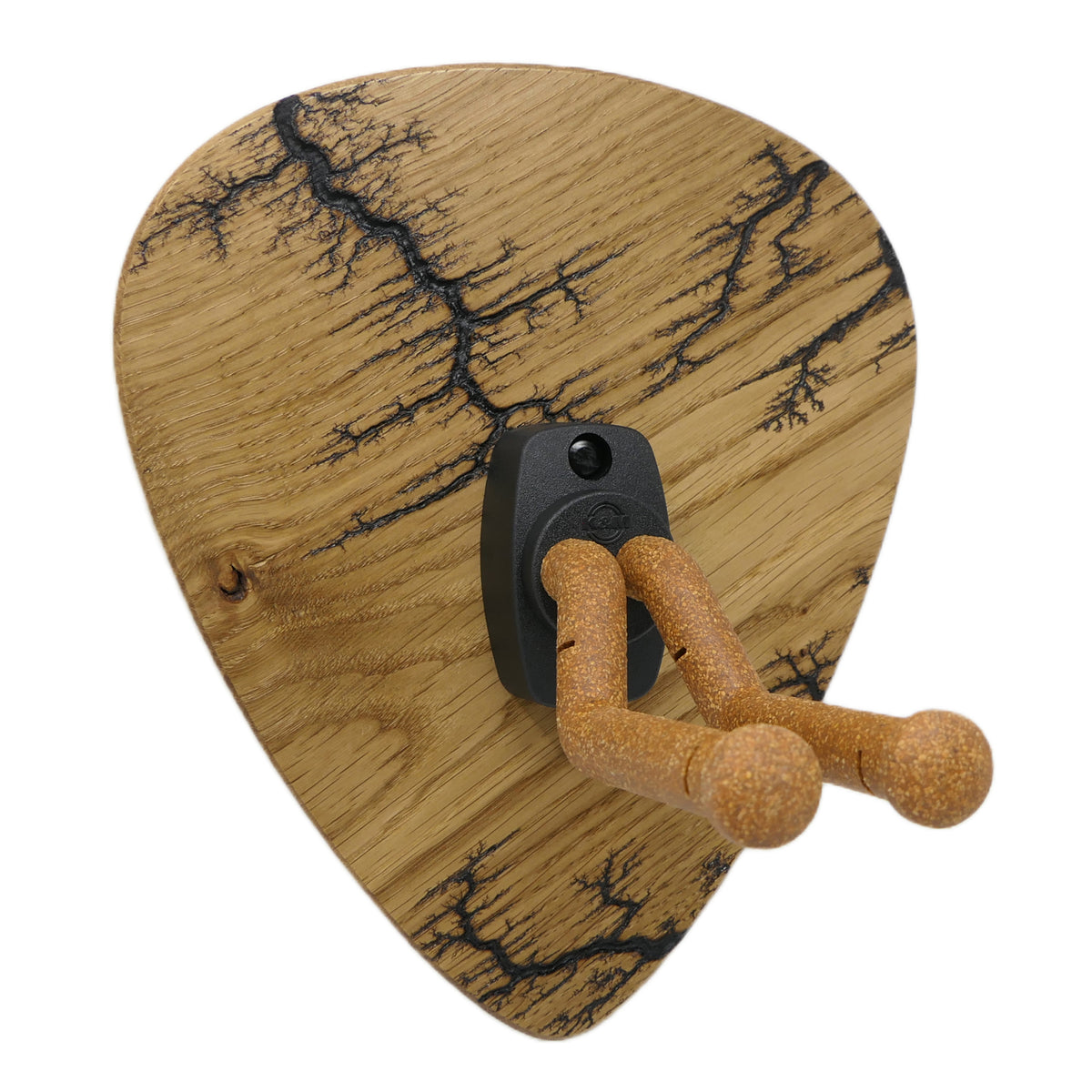 Gitarrenhalter aus Eiche mit Lichtenberg Gravur – DARK LINES FIVE Kork