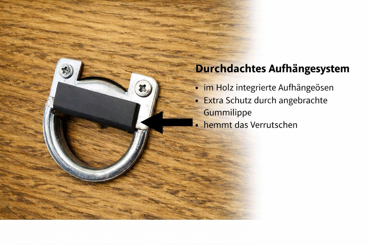 Aufhängesystem des Schlüsselboards mit Öse und verdeckter Wandmontage
