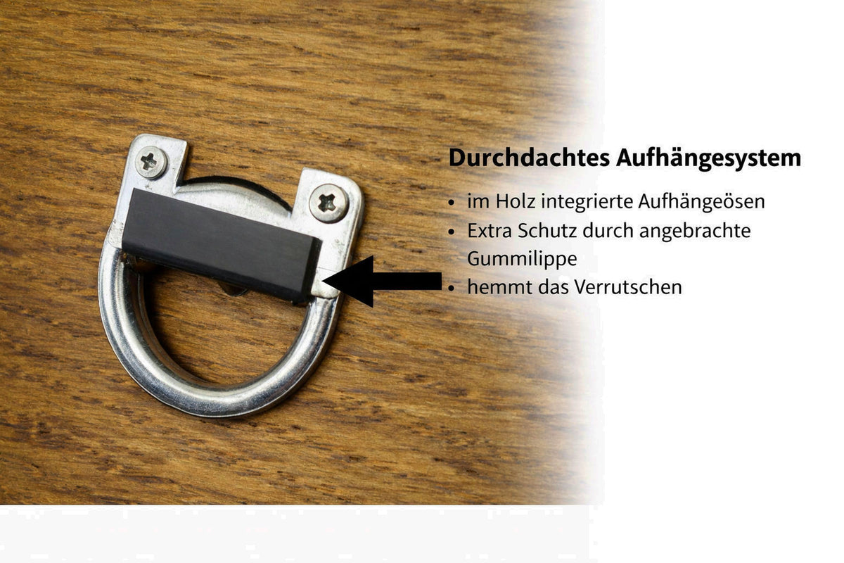Rückseite des Schlüsselboards aus Räuchereiche mit Aufhängung und ROCK THE WALL Branding