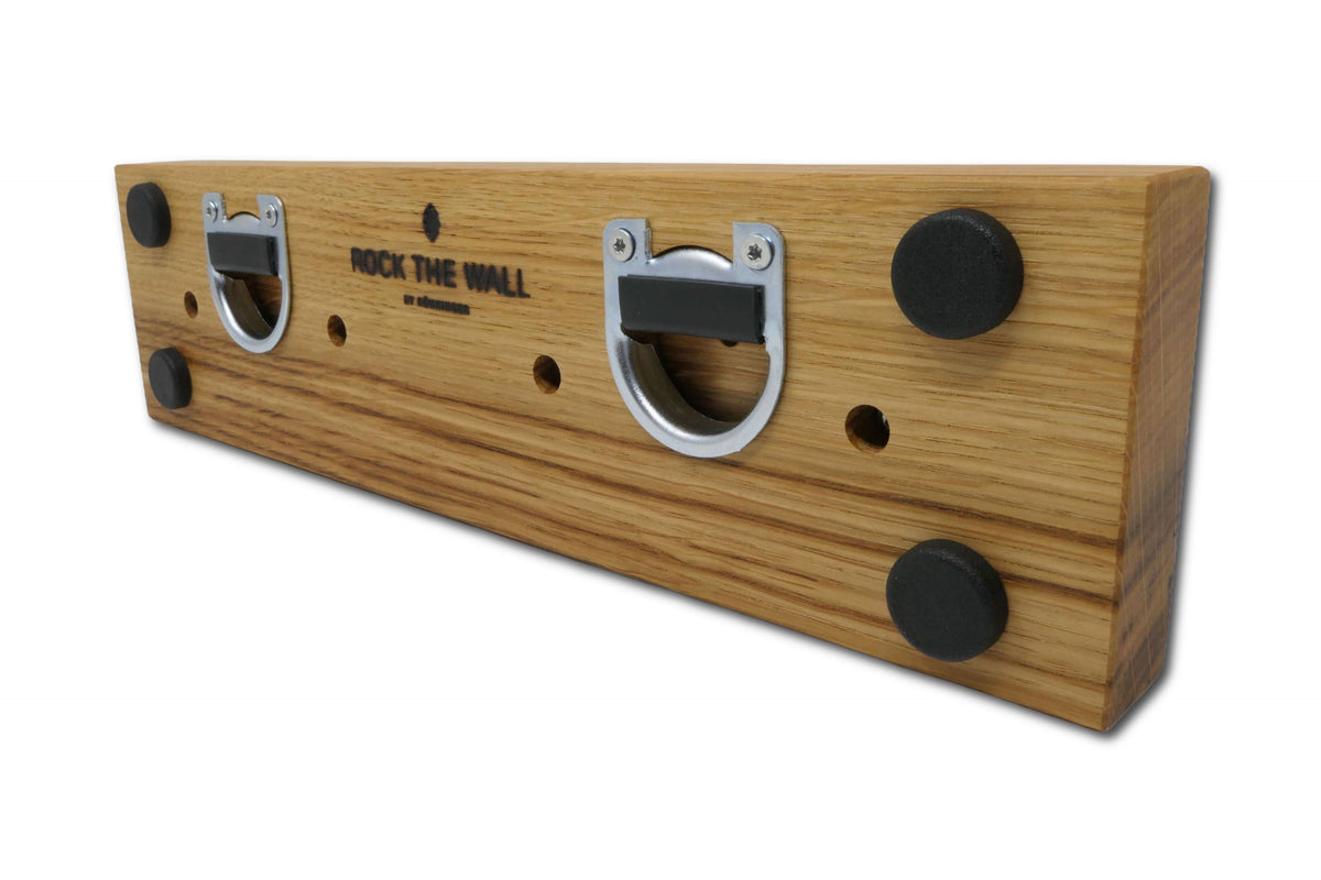 Rückseite des Schlüsselboards aus Roteiche mit Aufhängung und ROCK THE WALL Branding